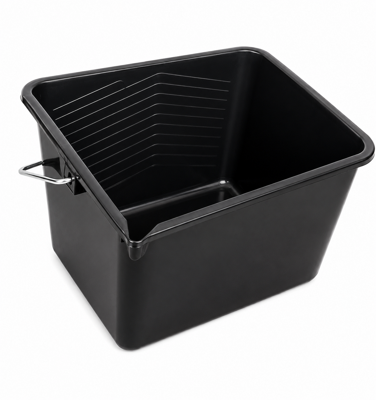 Black 8 litre paint scuttle showing pouring corner, metal handle and internal roller grid
