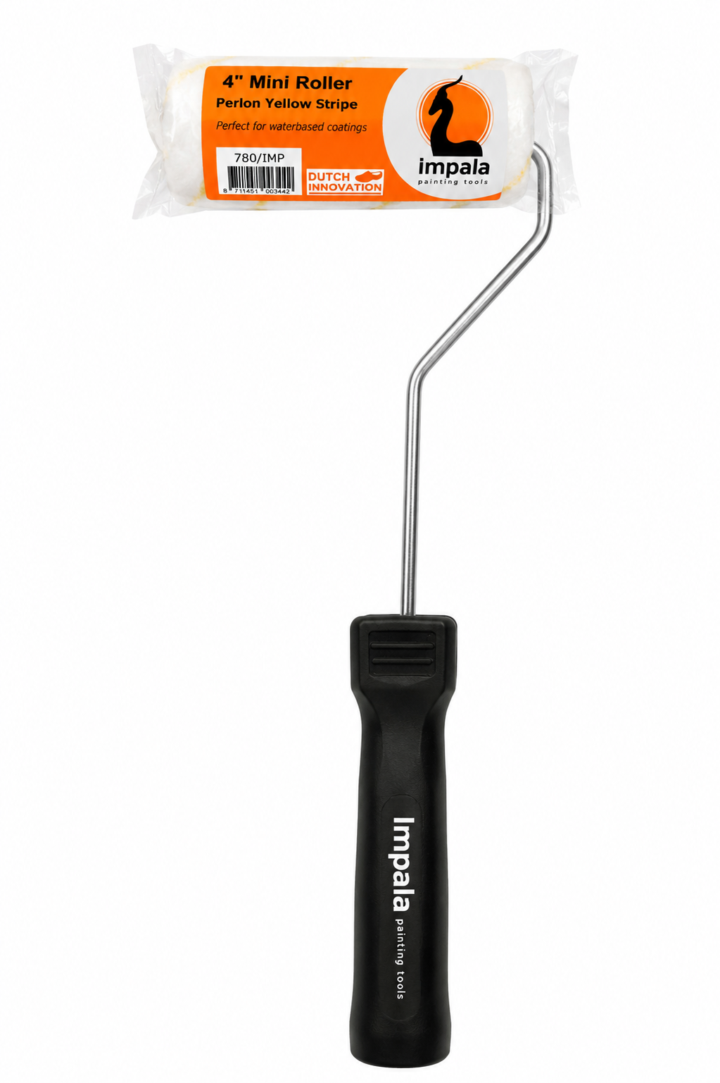 Impala 4 inch mini paint roller with Perlon Yellow Stripe sleeve