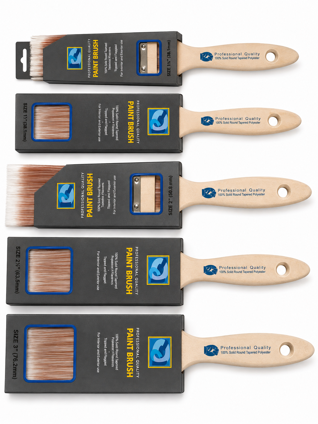 Professional quality polyester paint brush set with 1, 1.5, 2, 2.5 and 3 inch brushes