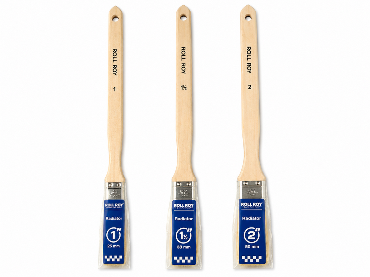 Roll Roy radiator paint brush set with 1 inch, 1.5 inch and 2 inch long handle brushes