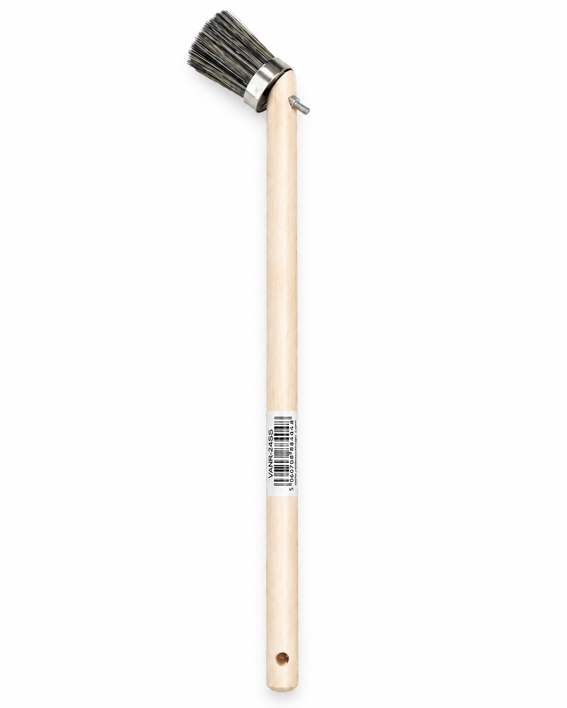 2 inch striking brush with long wooden handle on white background