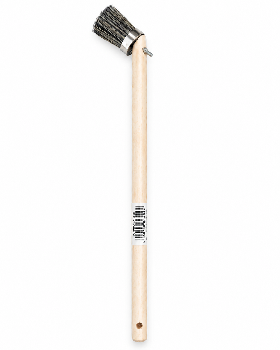 2 inch striking brush with long wooden handle on white background