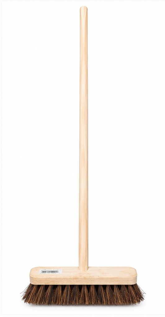 9 inch bassine deck scrub brush with wooden handle on white background