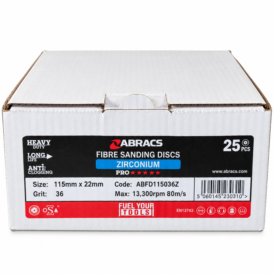Abracs PRO zirconium fibre sanding discs 115mm 36 grit 25 pack