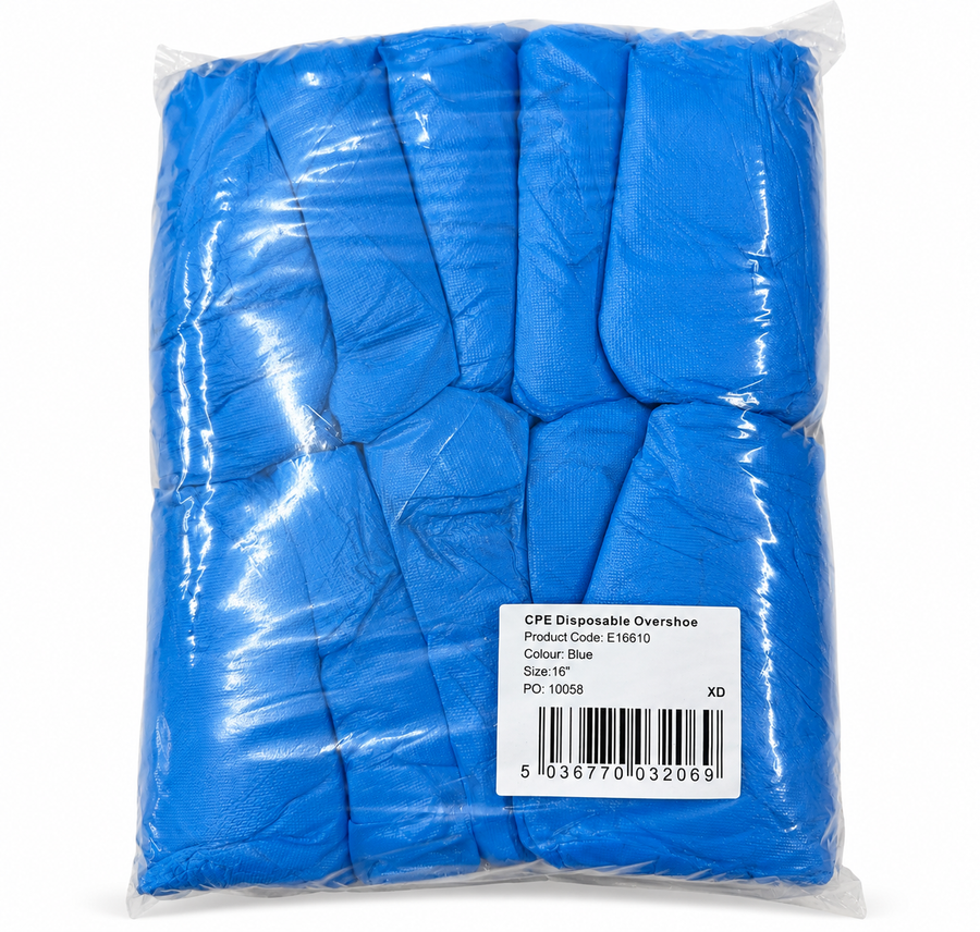 Blue CPE disposable overshoes, 16 inch, pack of 100 pairs