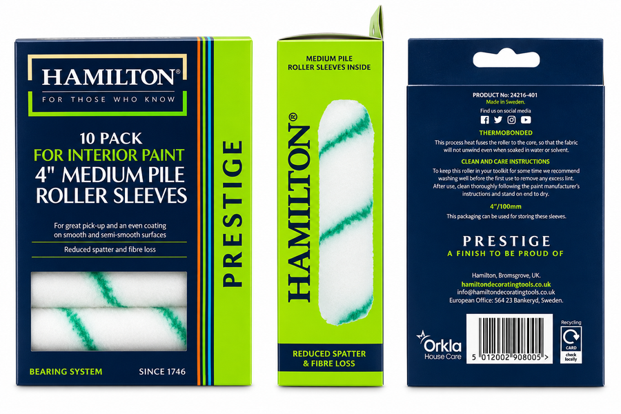 Hamilton Prestige 4 inch medium pile roller sleeves pack of 10 - front side and rear