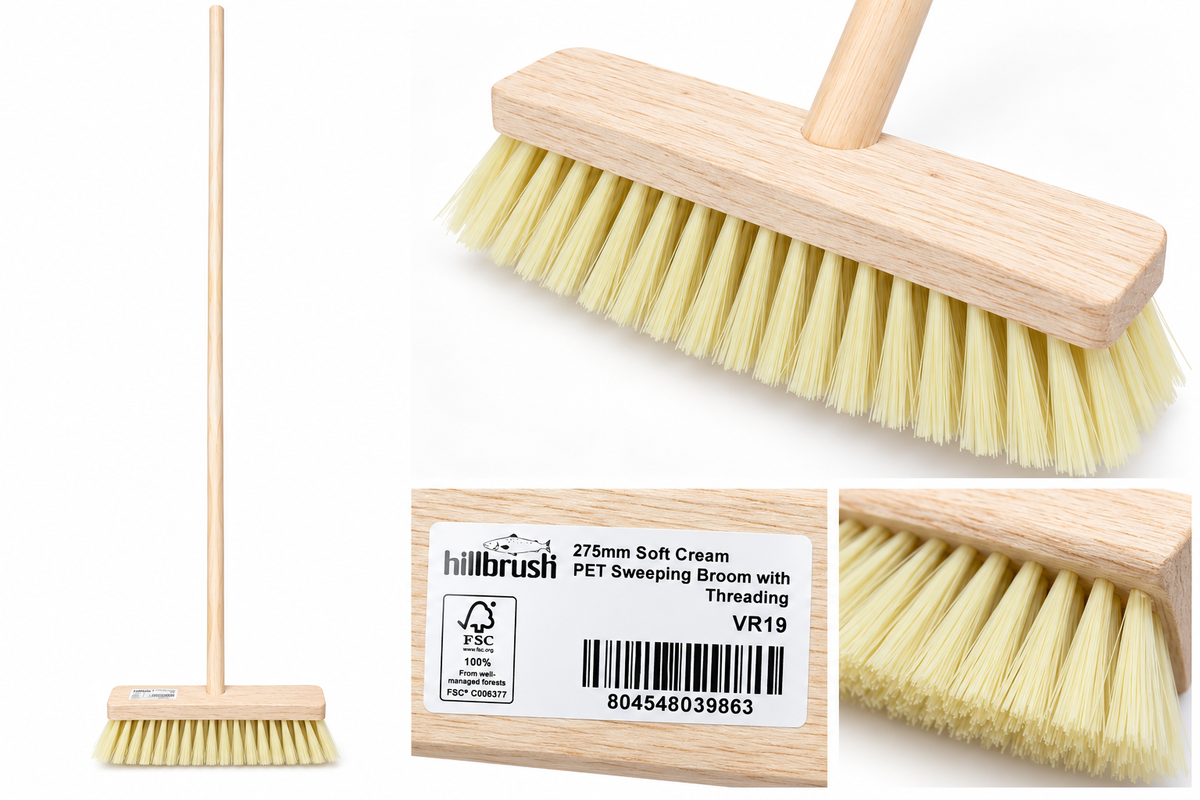 Hillbrush VR19 275mm soft cream PET sweeping broom with wooden handle on white background