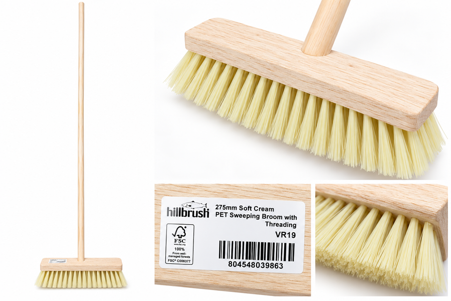 Hillbrush VR19 275mm soft cream PET sweeping broom with wooden handle on white background