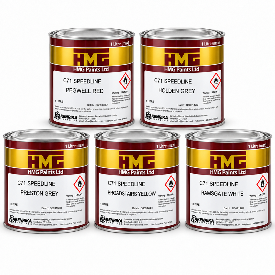 HMG C71 Speedline 1 litre colour range - Pegwell Red, Holden Grey, Preston Grey, Broadstairs Yellow and Ramsgate White