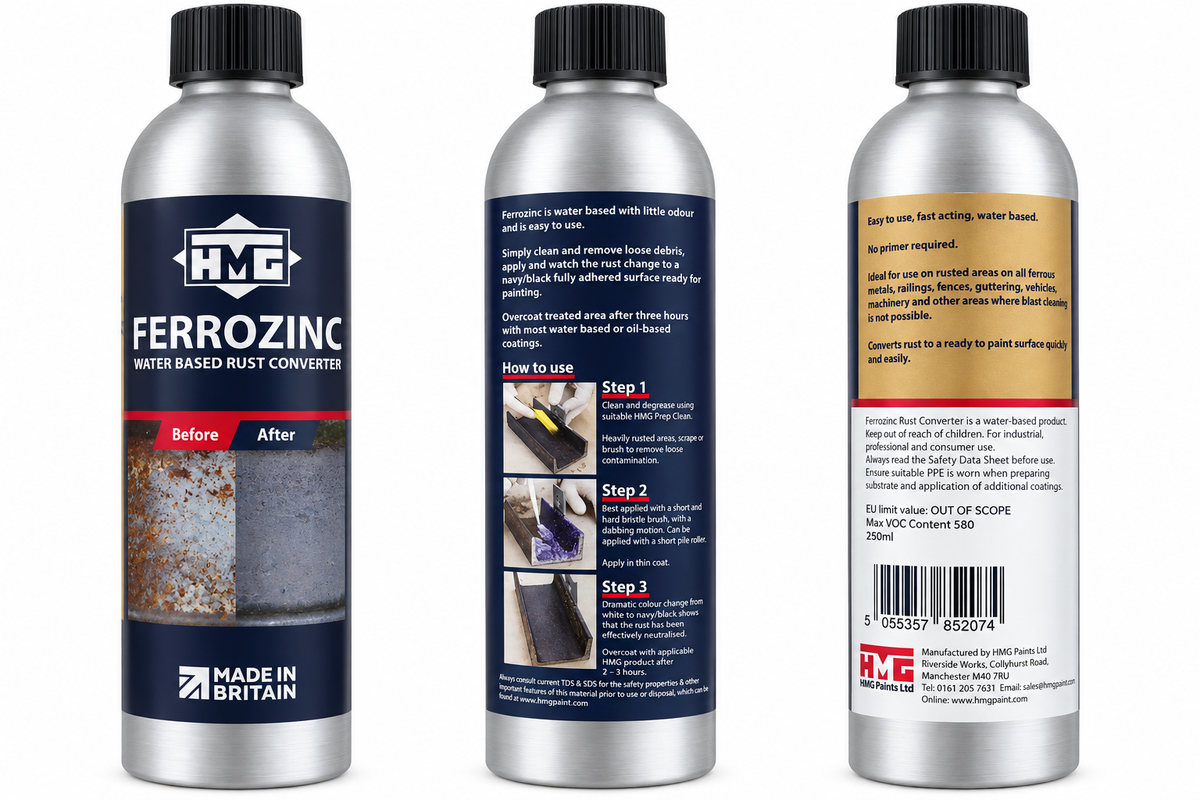 HMG Ferrozinc 250ml water based rust converter showing front, instructions and product information on a white background