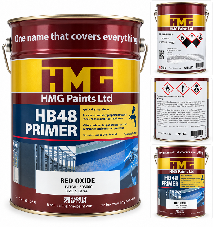 HMG HB48 Primer Red Oxide 10480 5 litre tin on a white background