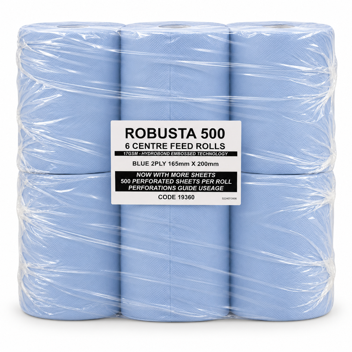 Robusta 500 Blue 2-Ply Centre Feed Rolls 6 Pack