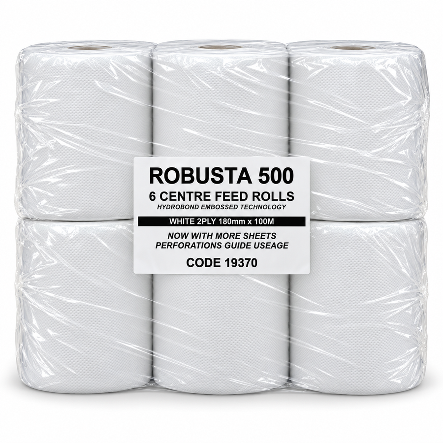 Robusta 500 White 2-Ply Centre Feed Rolls 6 Pack