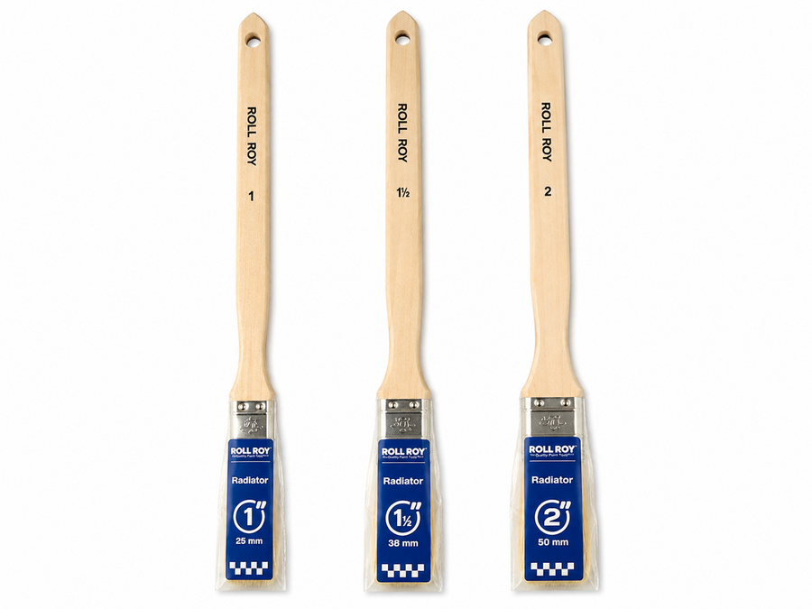 Roll Roy radiator paint brush set with 1 inch, 1.5 inch and 2 inch long handle brushes