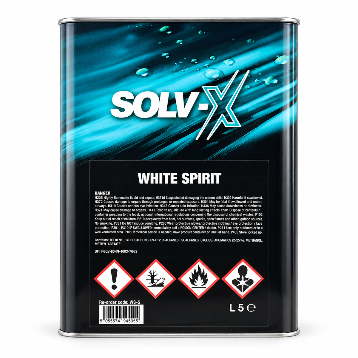 SOLV-X White Spirit 5 litre tin on a white background