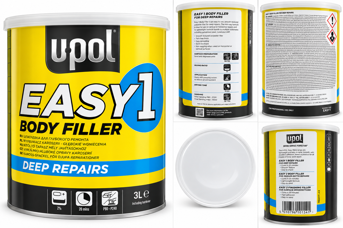 U-POL Easy 1 Body Filler 3 litre tin for deep repairs on a white background