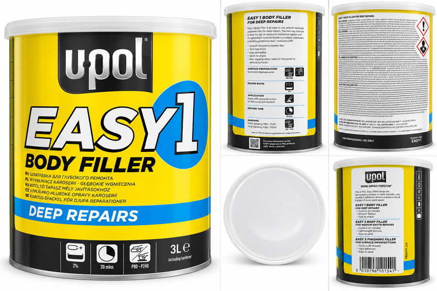 U-POL Easy 1 Body Filler 3 litre tin for deep repairs on a white background